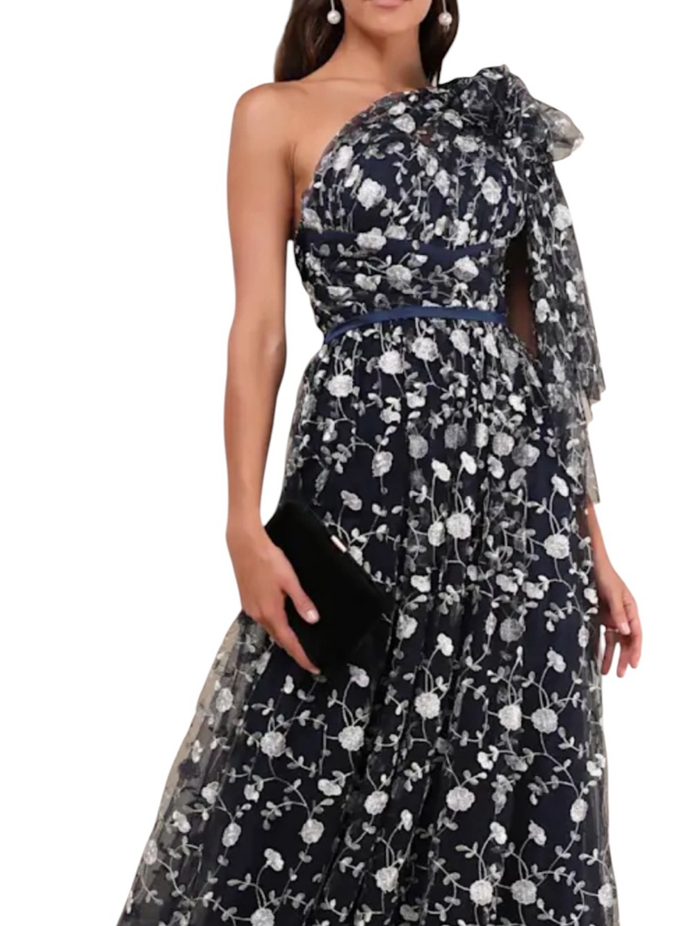 Lulu’s Whimsical Allure Navy Mesh embroidered one shoulder maxi dress